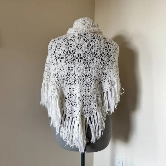 Handmade Crochet Shawl Wrap Ivory Fringe Boho Cottagecore - Picture 4 of 10